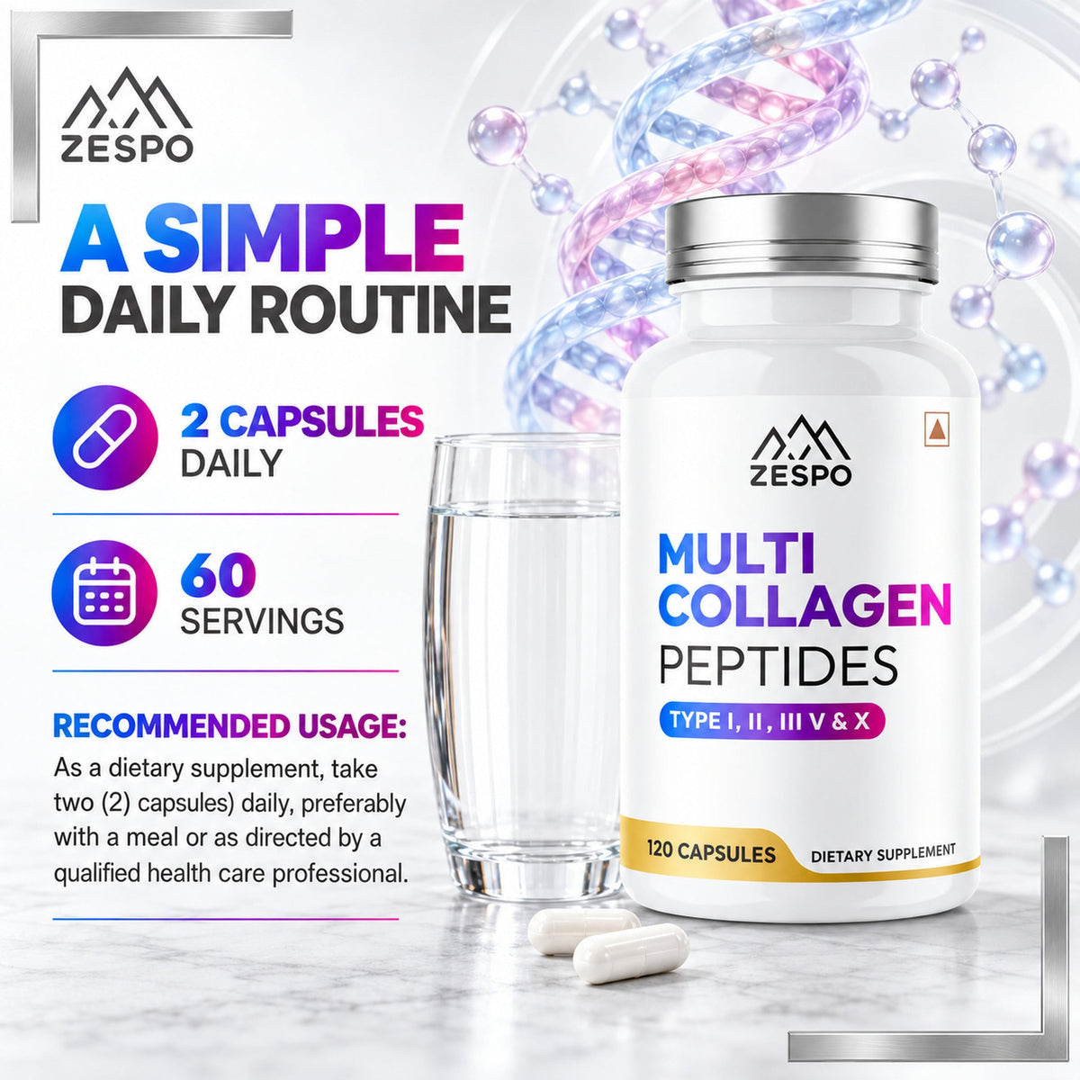 Zespo Multi Collagen Peptides Type I, II, III, V & X 1,200  Supports Skin, Hair, Nails, Joints & Bone Health – 120 Capsules