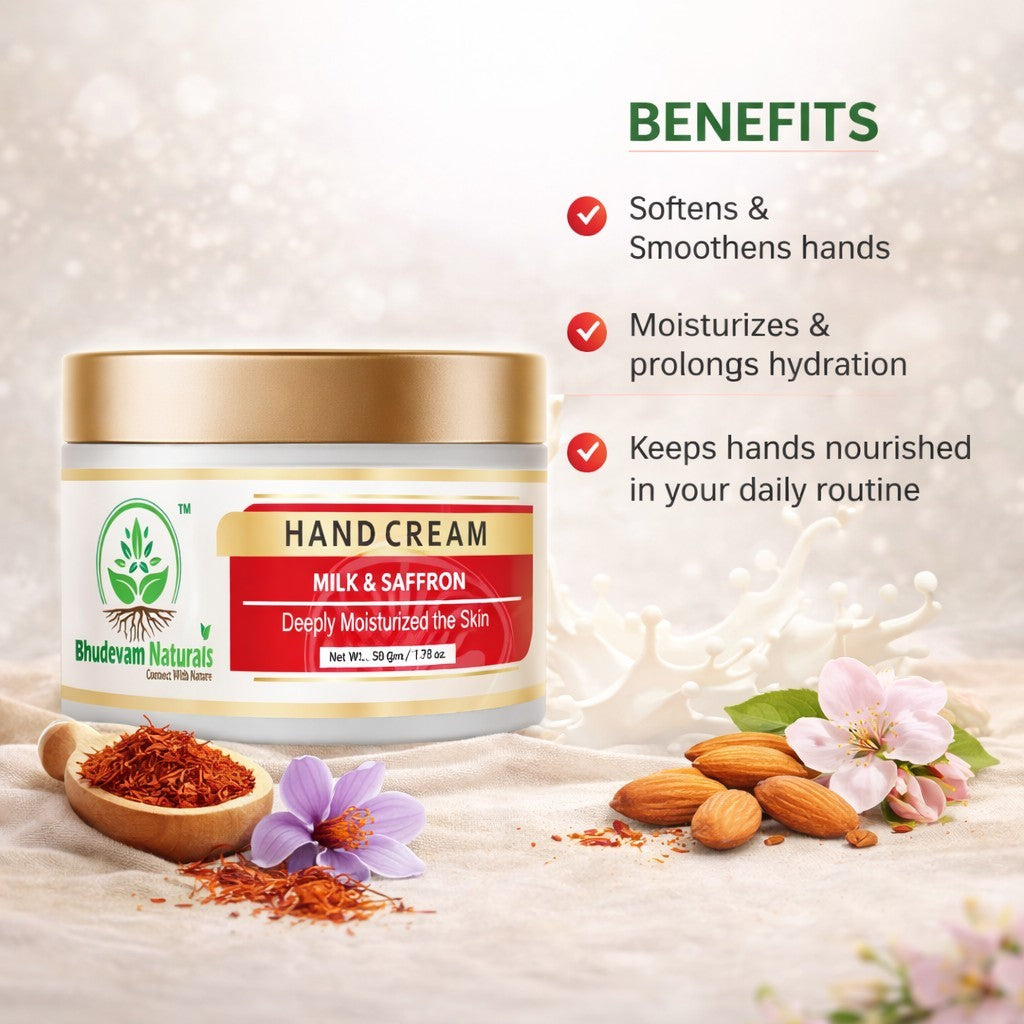 Bhudevam Naturals Khadi Milk & Saffron Hand Cream – Deep Moisturizing & Skin Brightening Hand Care Cream- 50GM