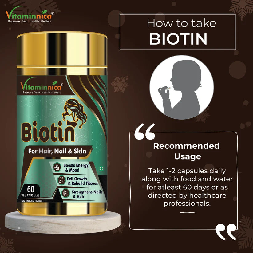 Vitaminnica Biotin Capsules - Hair Growth, Glowing Skin & Nail Strength Support, 60 Count