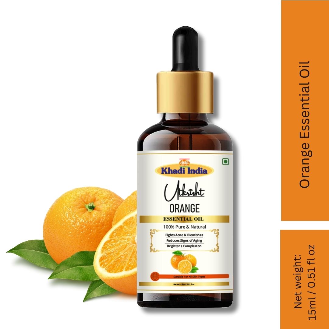 Khadi Orange Essential Oil | Pure & Natural Orange Oil for Face & Skin Care | Essential Oil for Glowing-Looking & Oily Skin | Refreshing Citrus Aromatherapy Oil | 15 ml