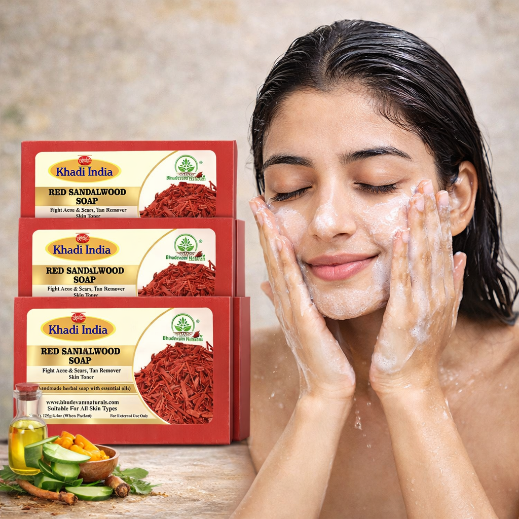 Bhudevam Naturals Khadi Red Sandalwood Soap For Natural Skin Brightening & Tan Removal Bath Soap - 500GM (Pack of 4)