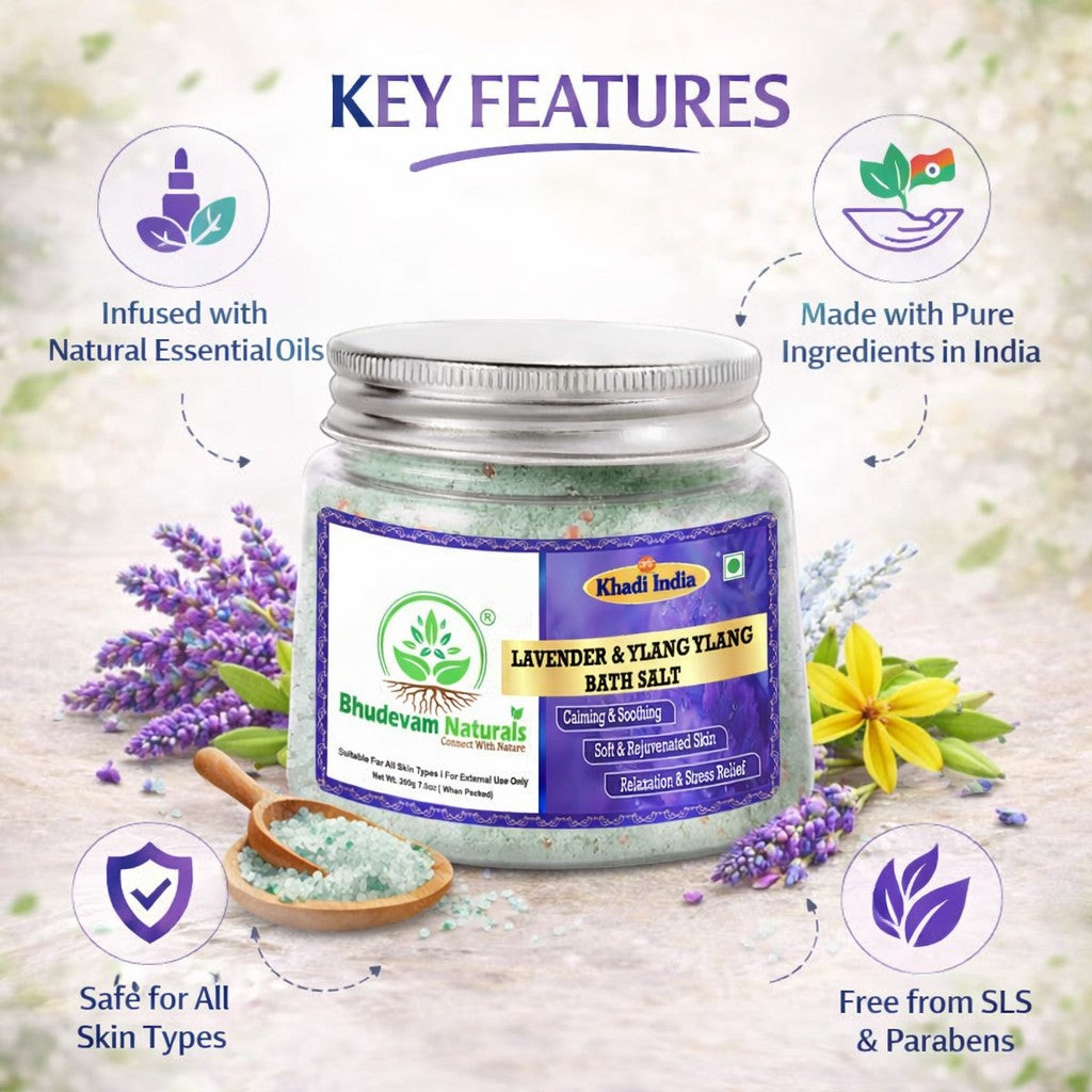Bhudevam Naturals Khadi Lavender & Basil Bath Salts – Relaxing Aromatherapy Soak for Stress Relief, Muscle Relaxation & Skin Care- 200GM