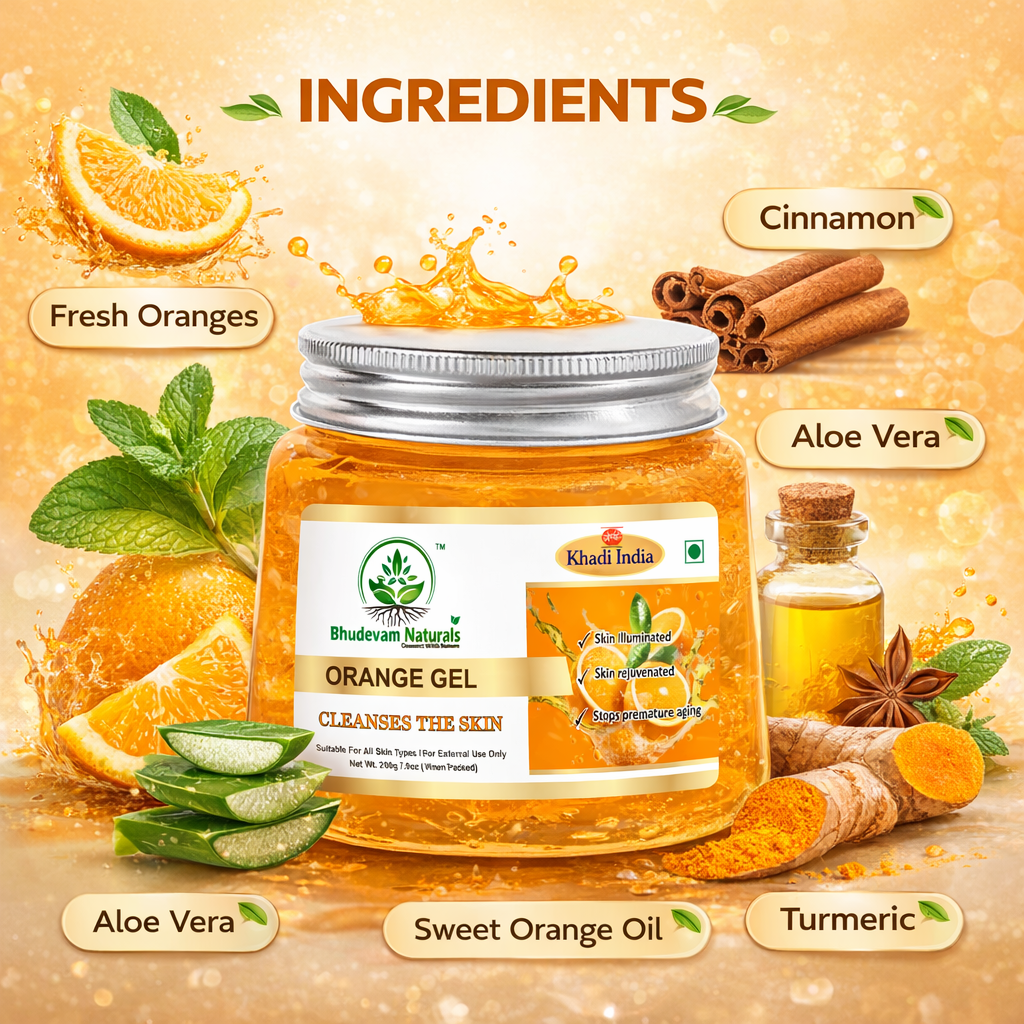 Bhudevam Naturals Khadi Orange Aloe Vera Gel for Face & Hair – Vitamin C Brightening & Hydrating Skin Care | Natural Glow Moisturizer- 200GM