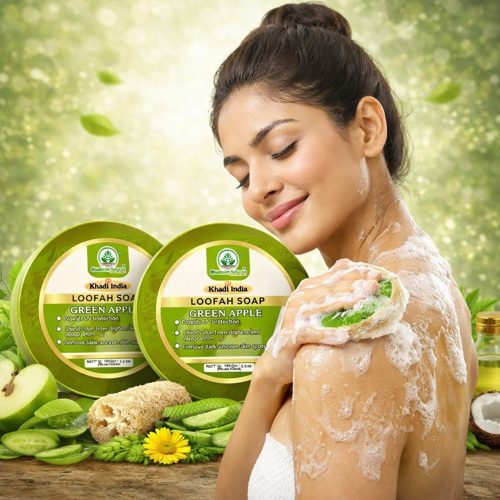 Bhudevam Naturals Khadi Green Apple Loofah Soap – Natural Exfoliating Bath Soap for Fresh & Glowing Skin- 250GM (Pack of 2)