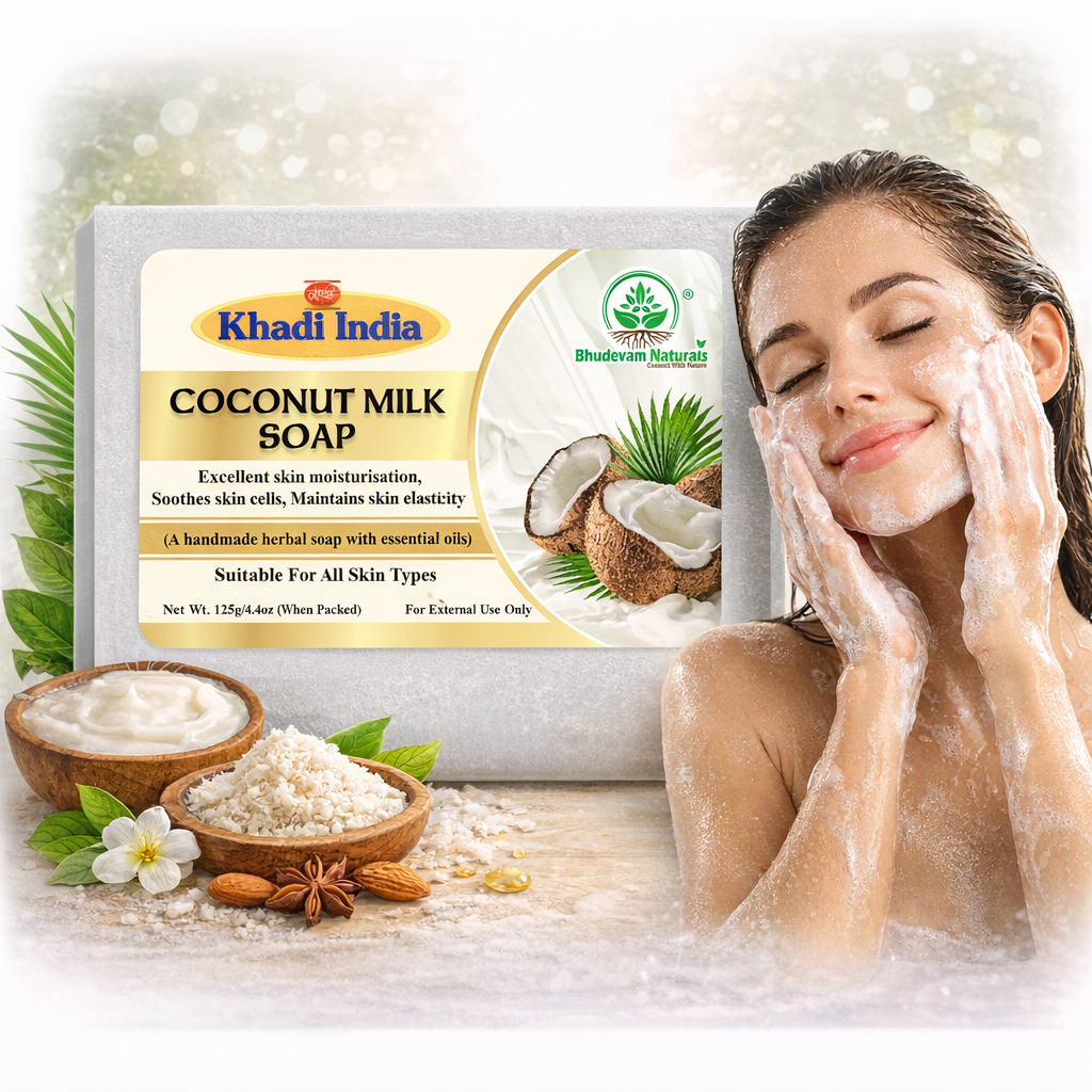 Bhudevam Naturals Khadi Handmade Coconut Milk Bath Soap for Dry Skin, Deep Nourishment & Glow- 500GM (Pack of 4)