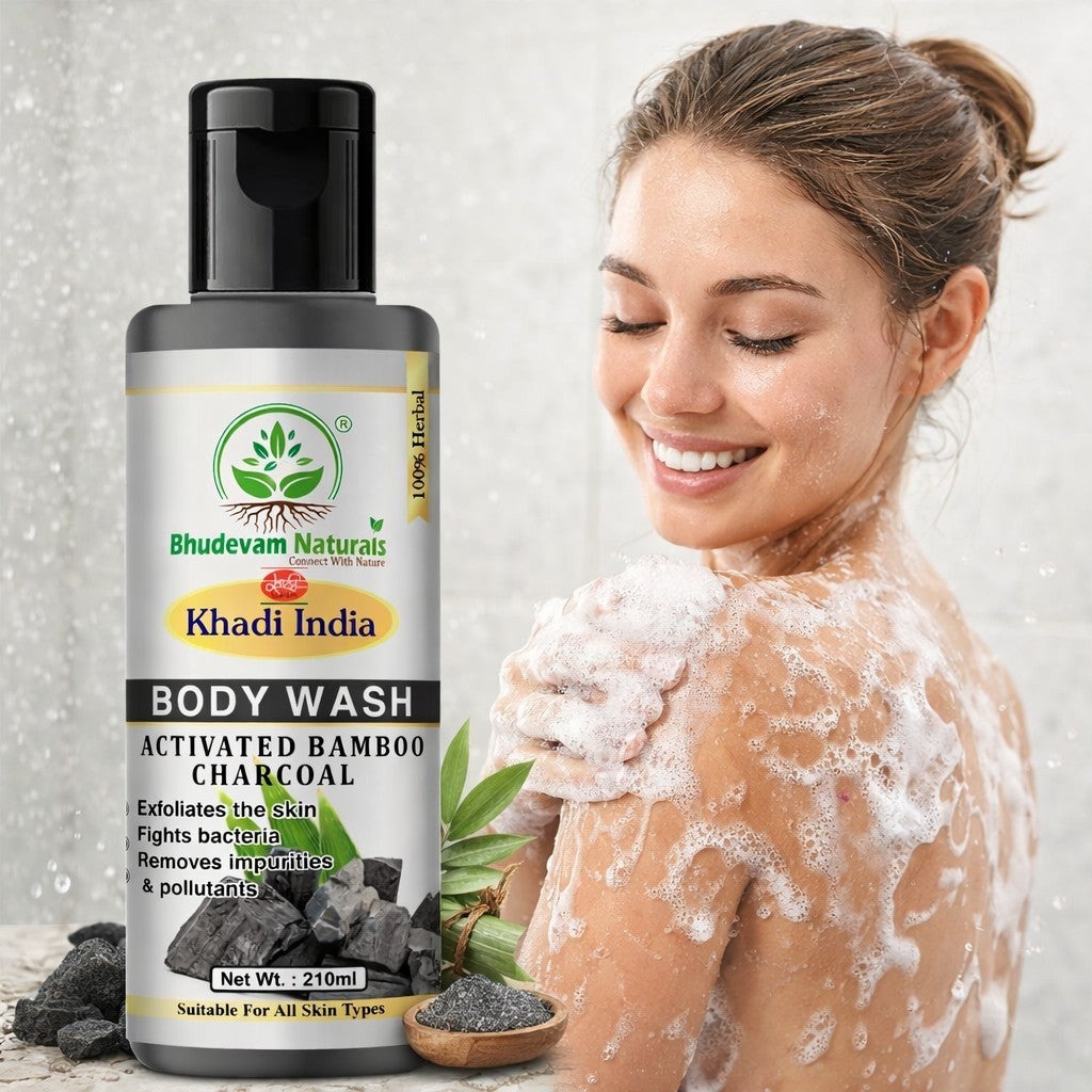 Bhudevam Naturals Khadi Bamboo Charcoal Body Wash – Skin Detox & Oil Control Shower Gel- 210ML