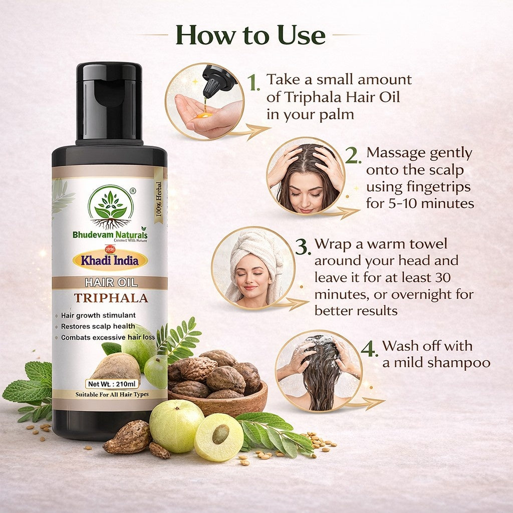 Bhudevam Naturals Khadi Triphla Hair Oil – Improves Hair Strength, Shine & Texture-210ML