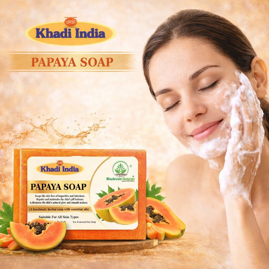 Bhudevam Naturals Khadi Handmade Papaya Soap Bar – Exfoliating & Deep Cleansing Bath Soap for Face & Body - 500GM (Pack of 4)