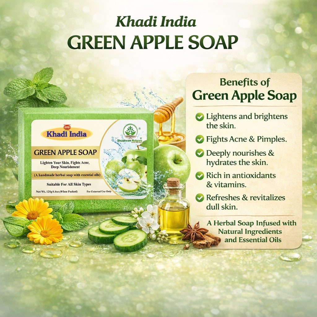Bhudevam Naturals Khadi Green Apple Handmade Bath Soap with Refreshing Fruity Fragrance for Soft & Glowing Skin- 500GM (Pack of 4)