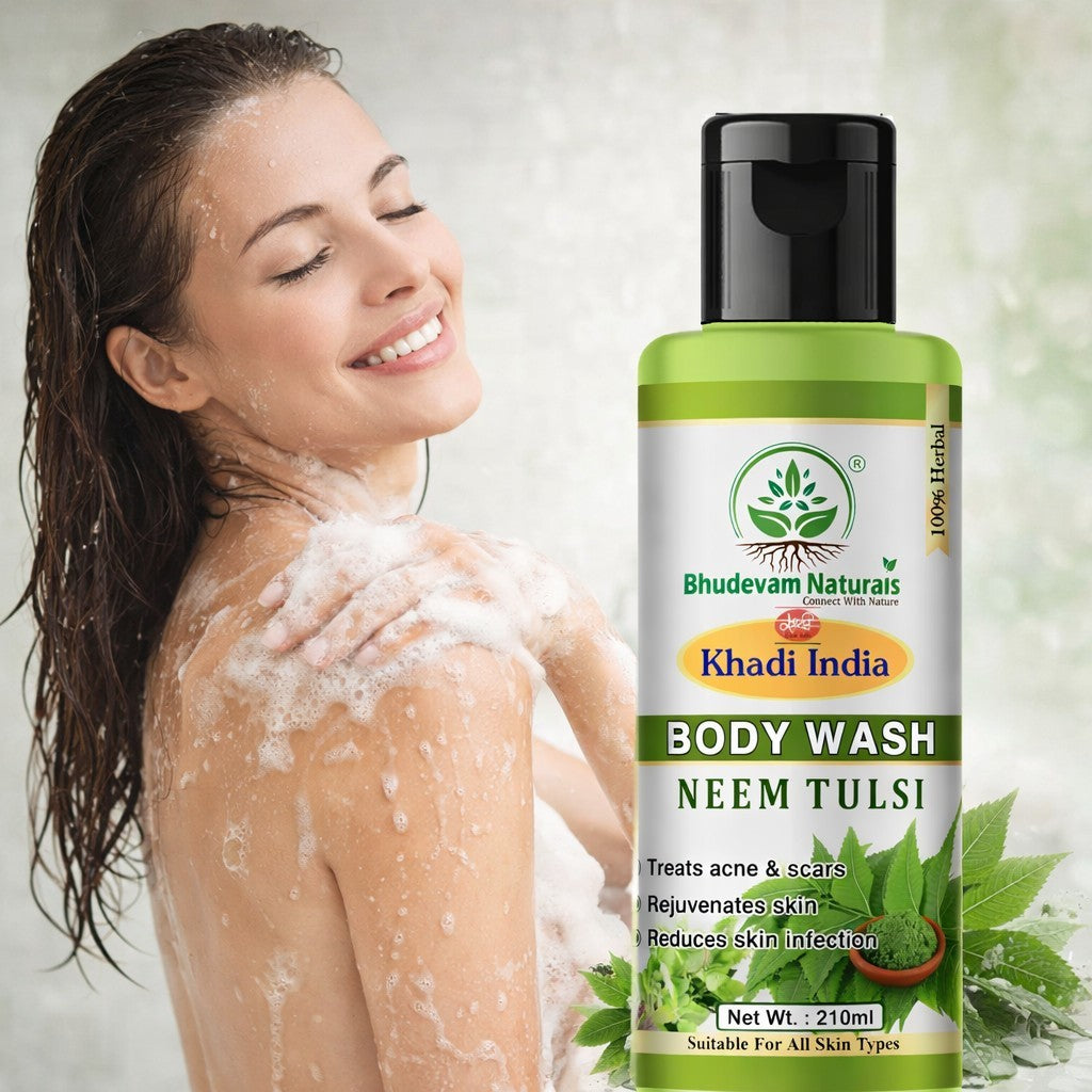 Bhudevam Naturals Khadi Neem & Tulsi Body Wash – Herbal Skin Purifying Cleanser for Daily Use- 210ML