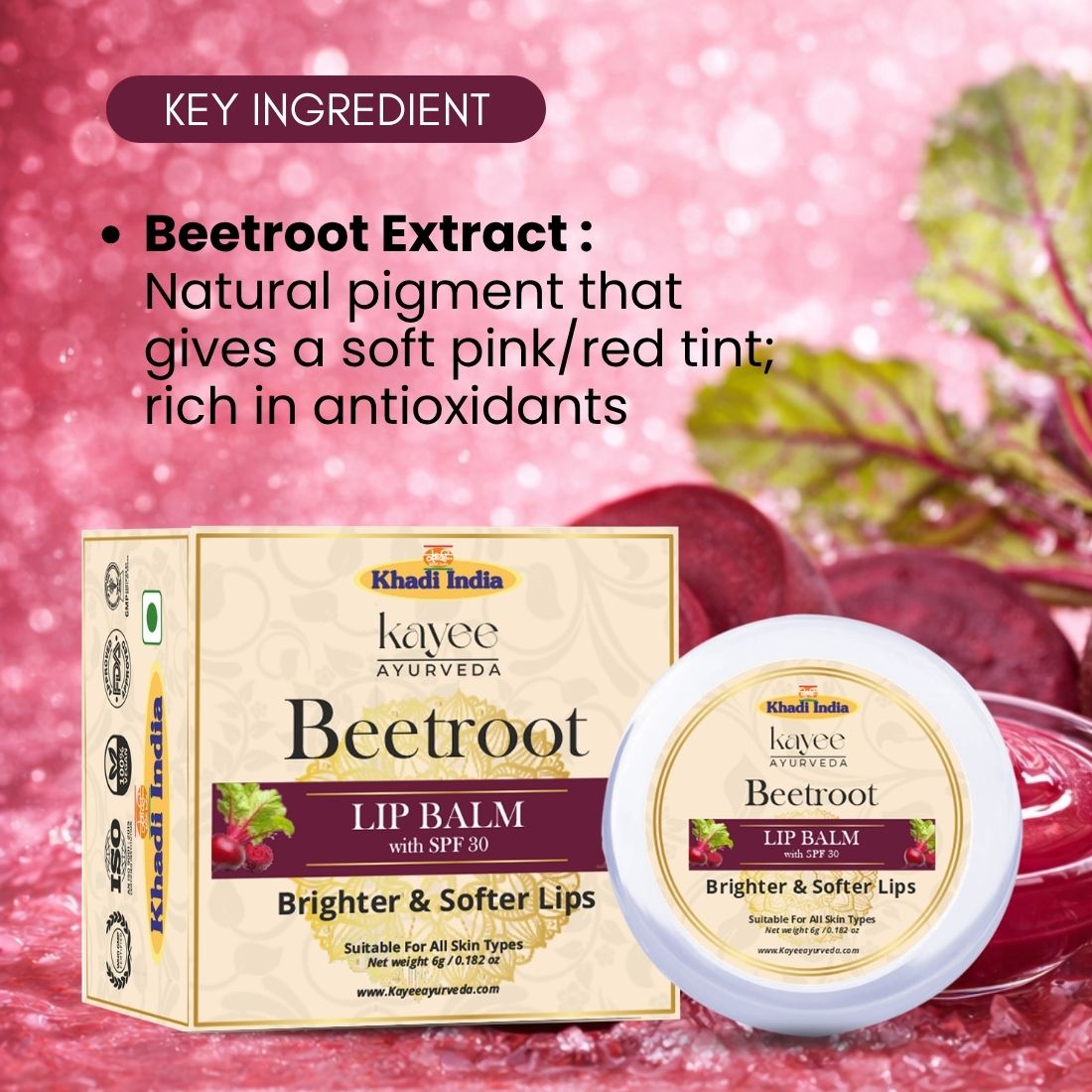 Kayee Ayurveda Beetroot Lip Care Balm, Beetroot-Enriched Moisturizing Lip Balm for Dry Lips, Helps Maintain Soft, Supple & Smooth-Looking Lips, Daily Lip Care for Women & Men | 6 g
