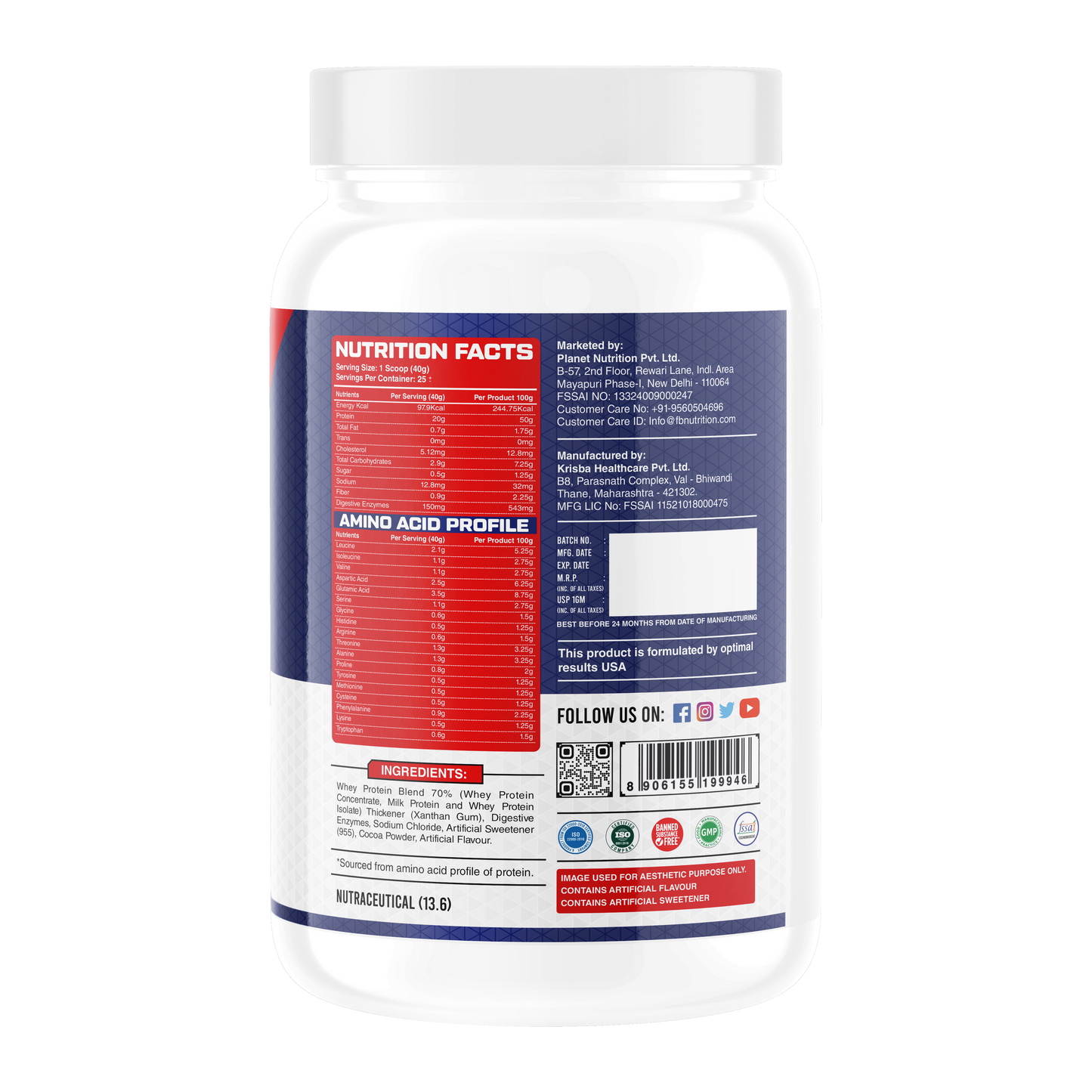 Fitness Buzz Nutrition I Prime Series I All in Whey with Added Digestive Enzymes I 20G Protein Per Serving I 4.3 BCAA Per Serving I 5.3G EAA Per Serving I Low Sugar I Nutraceutical I Veg I Belgian Chocolate