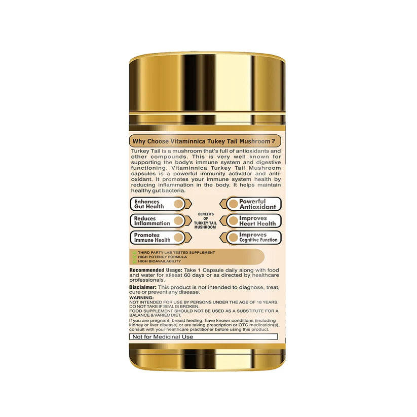 Vitaminnica Turkey Tail Mushroom Capsules - Immune Defense & Gut Health, 60 Count