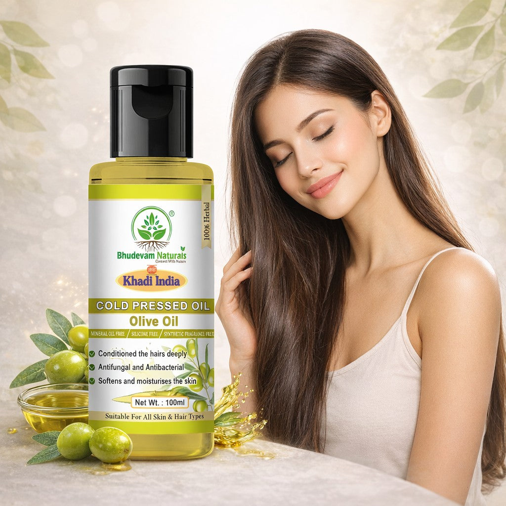 Bhudevam Naturals Khadi Extra Virgin Cold Pressed Olive Oil – Pure Natural Oil for Skin & Hair Care- 100ML