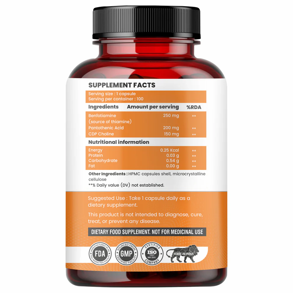 Raskam Benfotiamine+ 600mg Capsules - Antioxidant & Energy Support - Promotes Nerve Health & Metabolic Function - Nutraceutical Supplement 100-Capsules