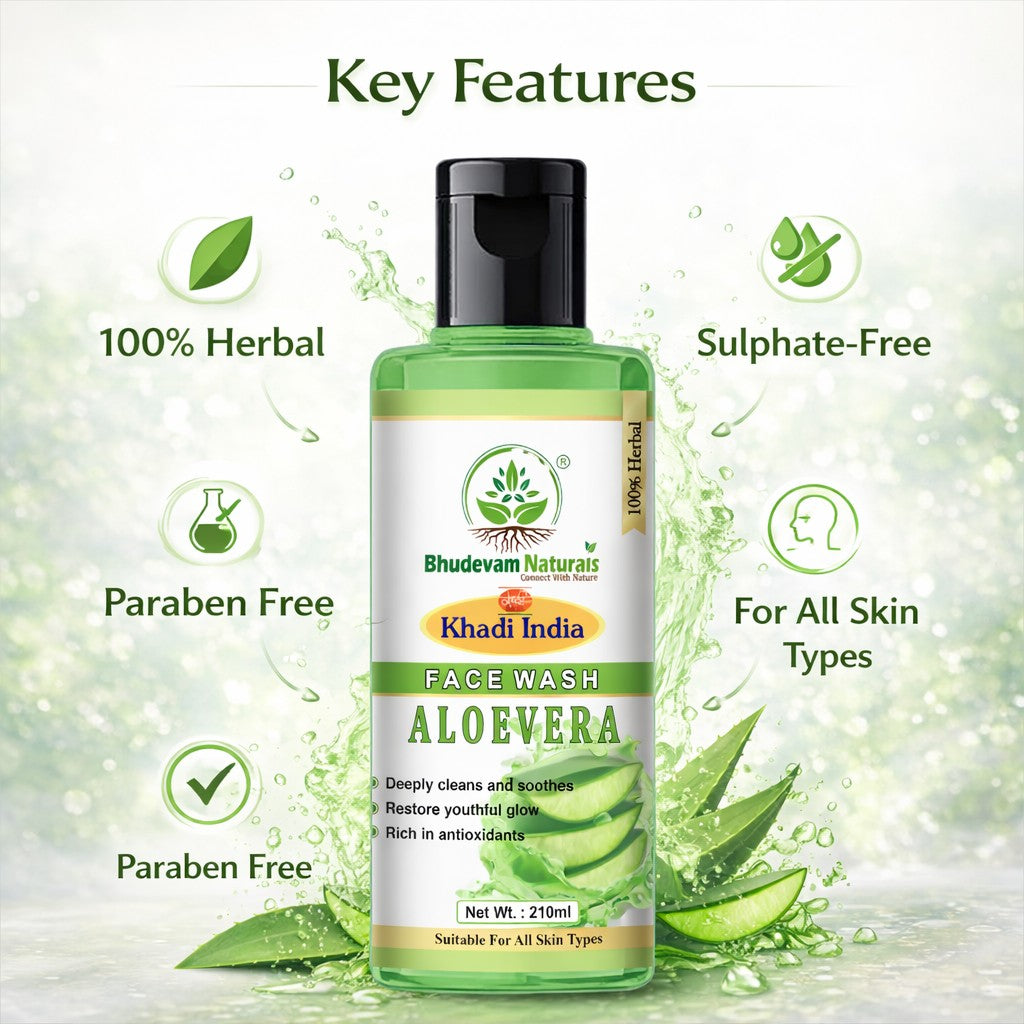 Bhudevam Naturals Khadi Aloe Vera Face Wash – Gentle Daily Cleansing for Soft & Hydrated Skin -  420ML (Pack of 2)