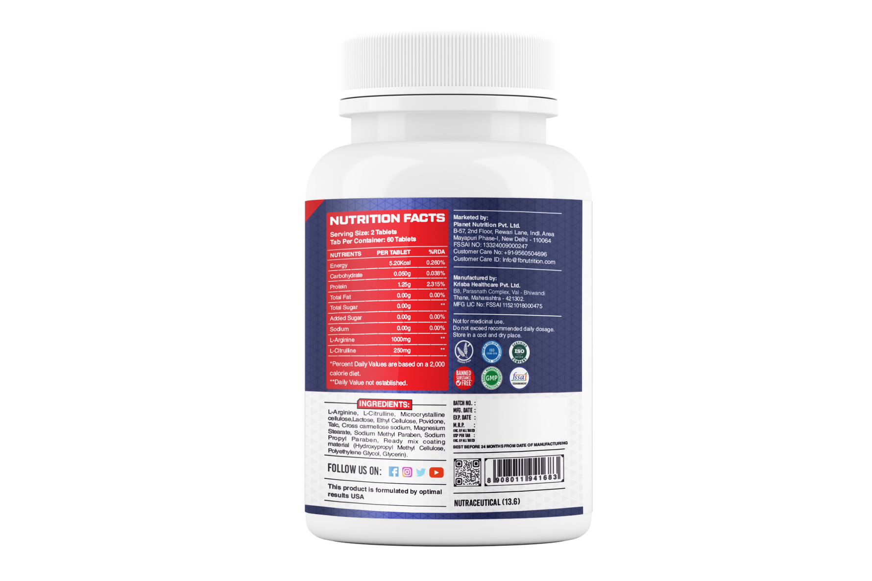 FB Nutrition L-Arginine + L-Citrulline Tablet - 60 Tablets