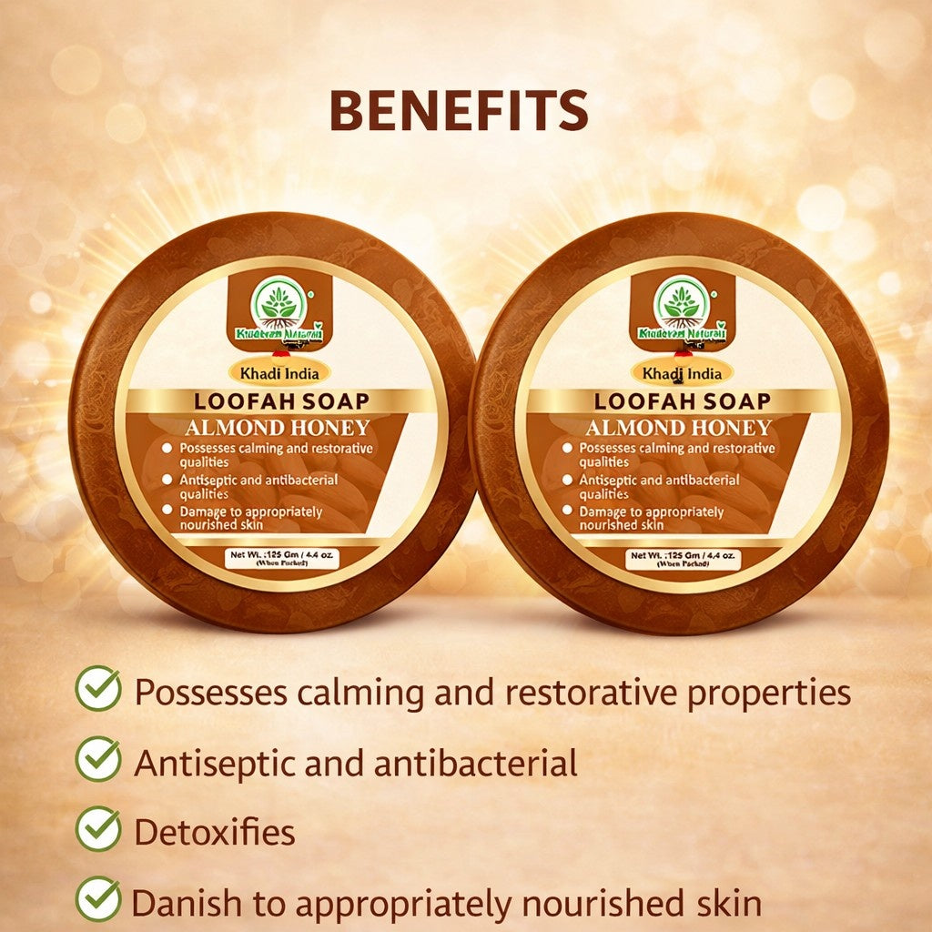 Bhudevam Naturals Khadi Almond Honey Loofah Soap – Natural Exfoliating Bath Soap for Soft & Glowing Skin- 250GM (Pack of 2)