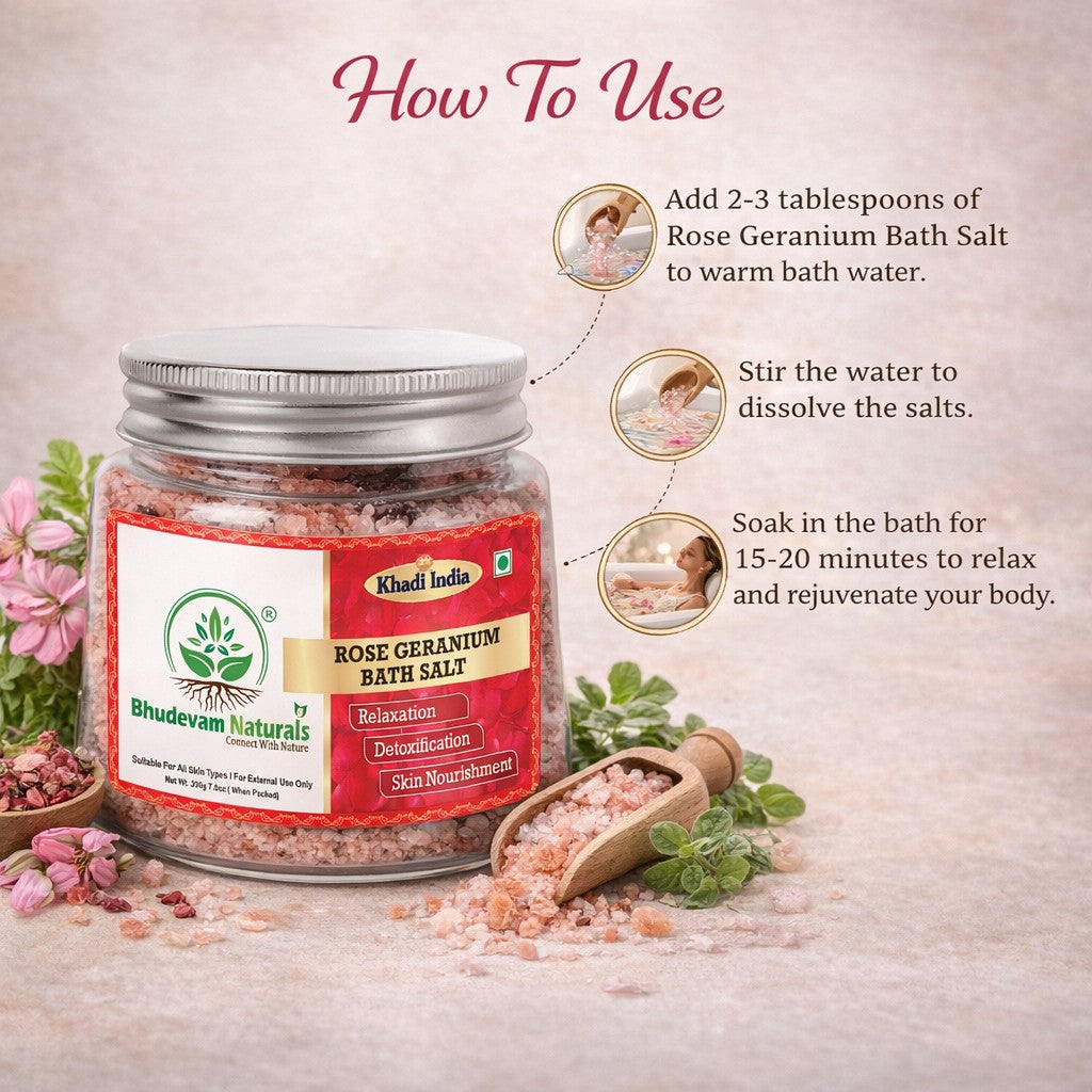 Bhudevam Naturals Khadi Rose Geranium Bath Salts for Relaxation – Natural Aromatherapy Soaking Salts with Essential Oils for Stress Relief & Skin Care- 200GM