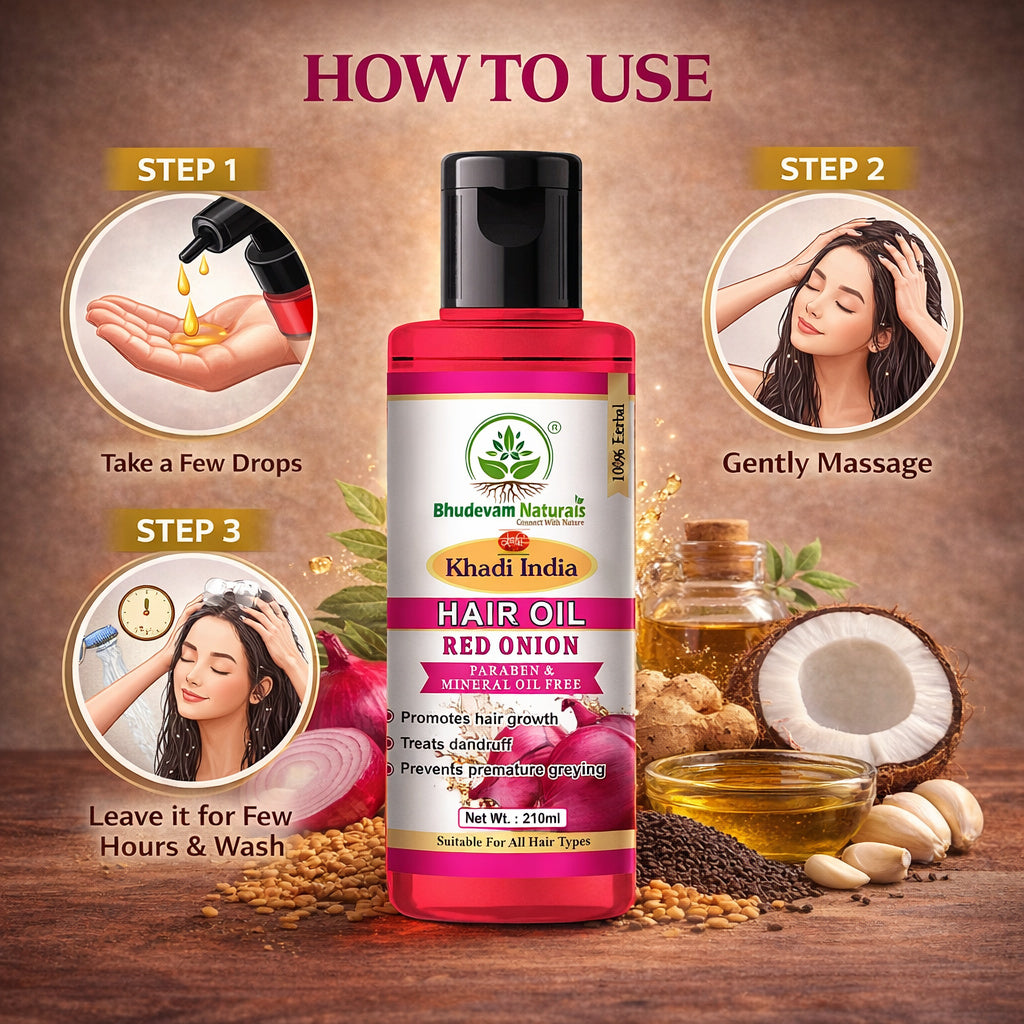 Bhudevam Naturals Khadi Red Onion Hair Oil for Nourished Scalp & Healthy Hair- 210ML