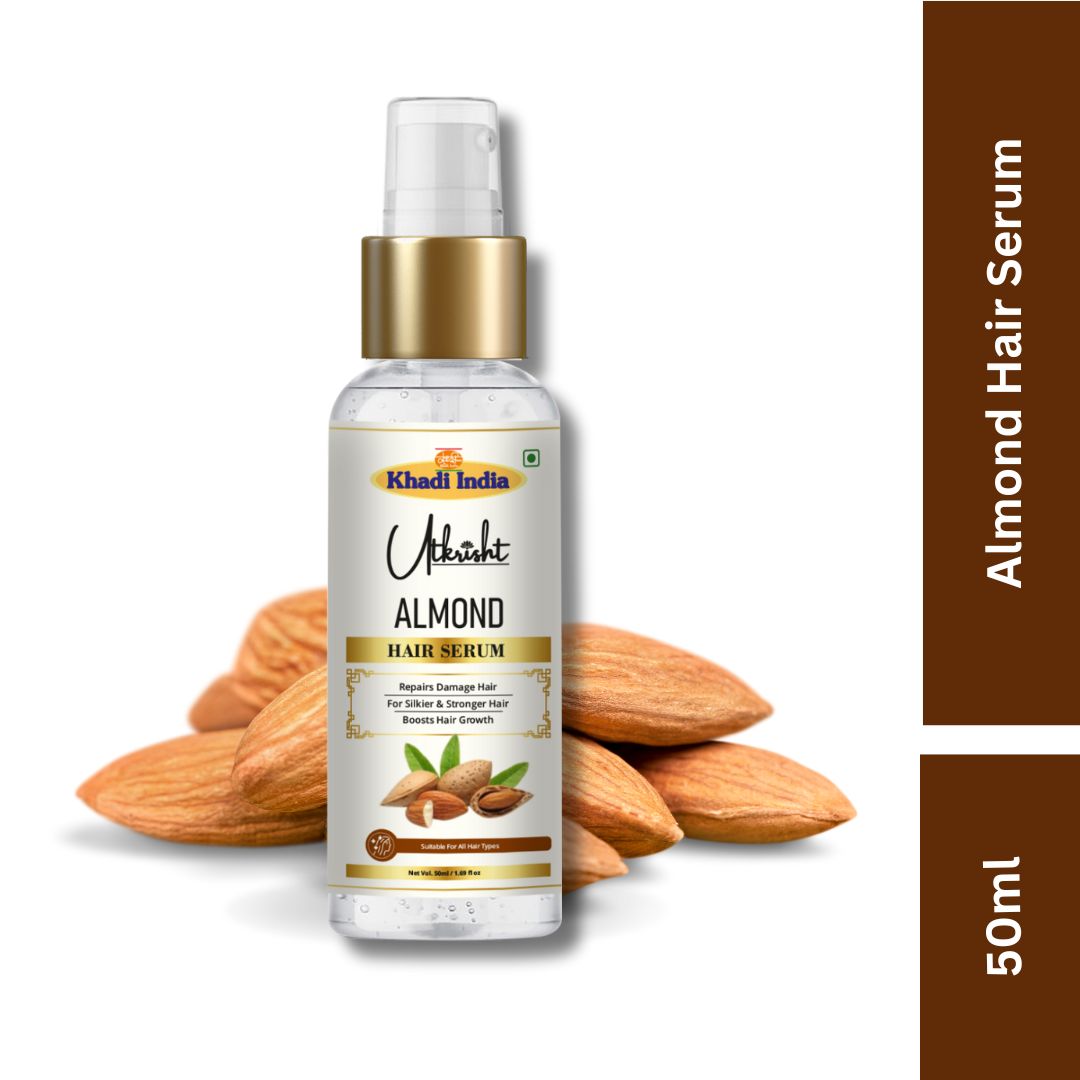 Khadi Almond Hair Serum for Dry & Frizzy Hair | Non-Sticky Hair Shine Serum | Controls Frizz, Adds Smoothness & Gloss With Almond Oil & Vitamin E For Men & Women - 50GM