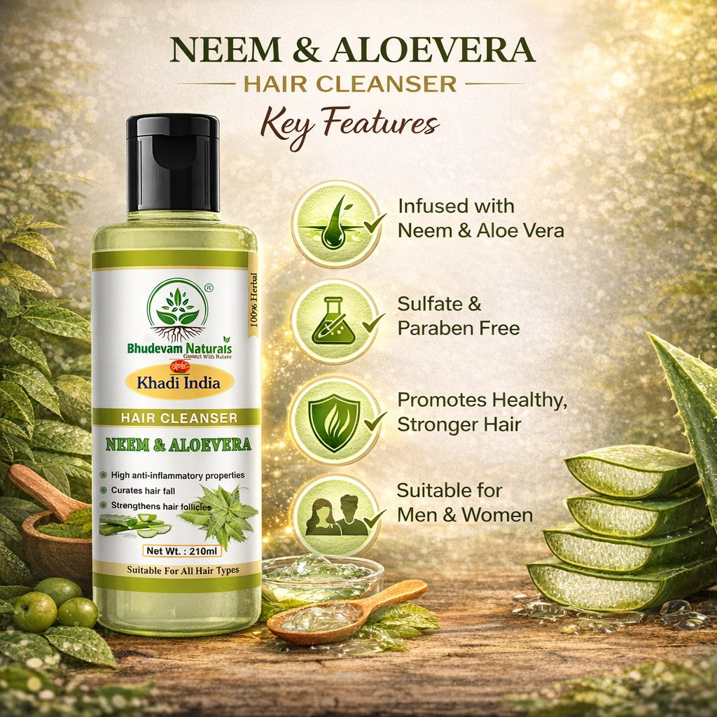 Bhudevam Naturals Khadi Neem & Aloe Vera Shampoo – Reduces Hair Fall & Adds Shine- 420ML (Pack of 2)