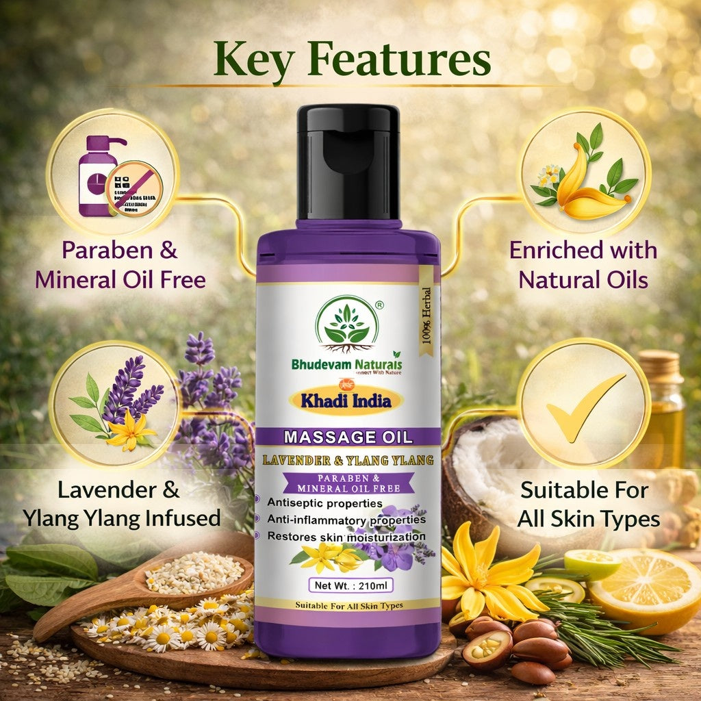 Bhudevam Naturals Khadi Lavender & Ylang Ylang Relaxing Body Massage Oil for Stress Relief & Skin Nourishment- 210ML