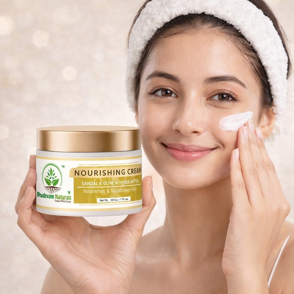 Bhudevam Naturals Khadi Sandal & Olive Face Nourishing Cream with Shea Butter – Deep Hydration Moisturizer for Soft & Glowing Skin- 50GM
