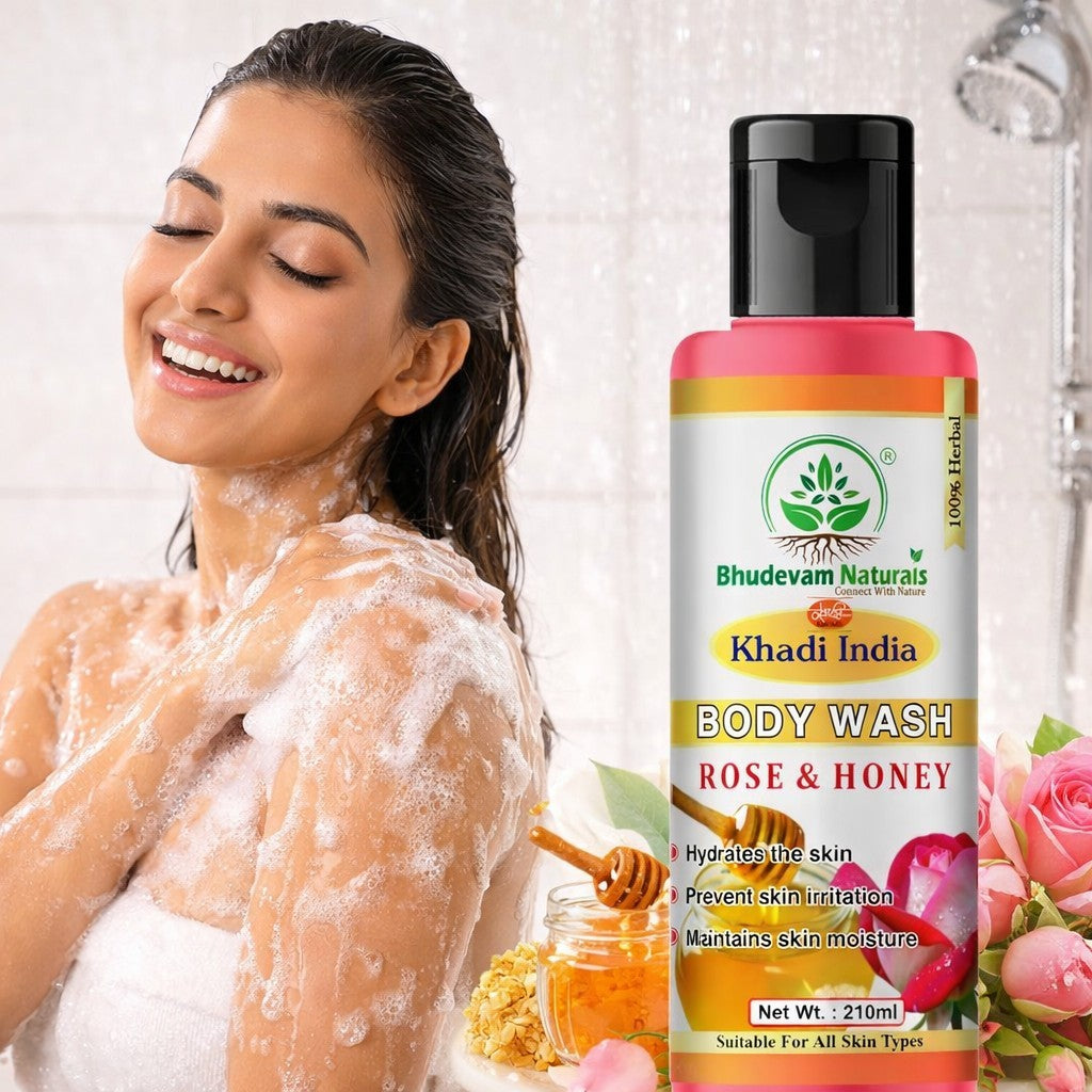 Bhudevam Naturals Khadi Rose & Honey Body Wash, Moisturizing & Nourishing Shower Gel for Soft Glowing Skin-210ML