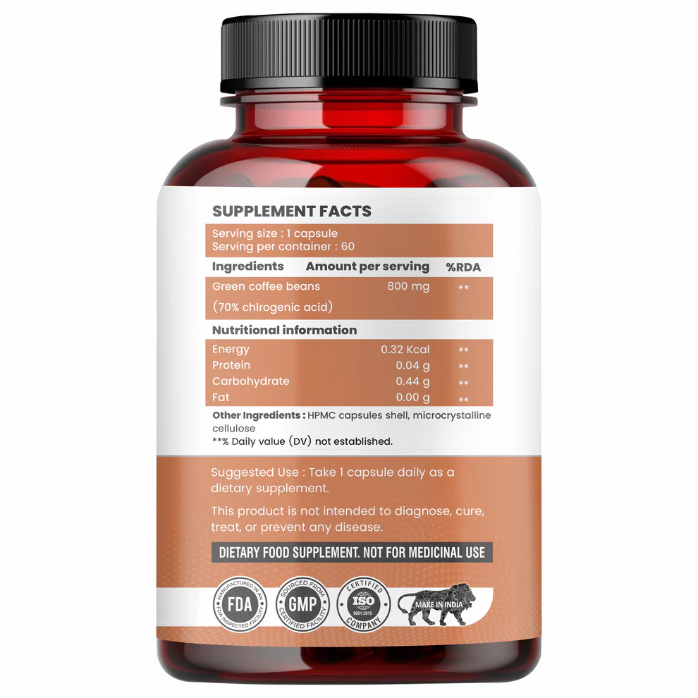 Raskam Green Coffee Bean 800 mg -60 Capsules with 50% CGA- Burns Extra Fat & Boosts Metabolism