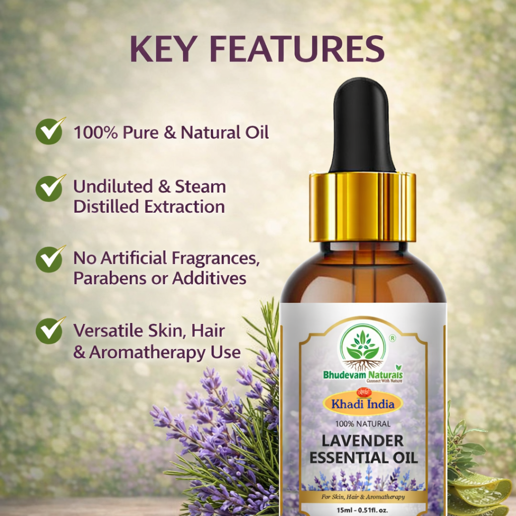Bhudevam Naturals Khadi Lavender Essential Oil for Aromatherapy, Stress Relief, Skin & Hair Care, Diffuser, Sleep Support & Massage - 15ml