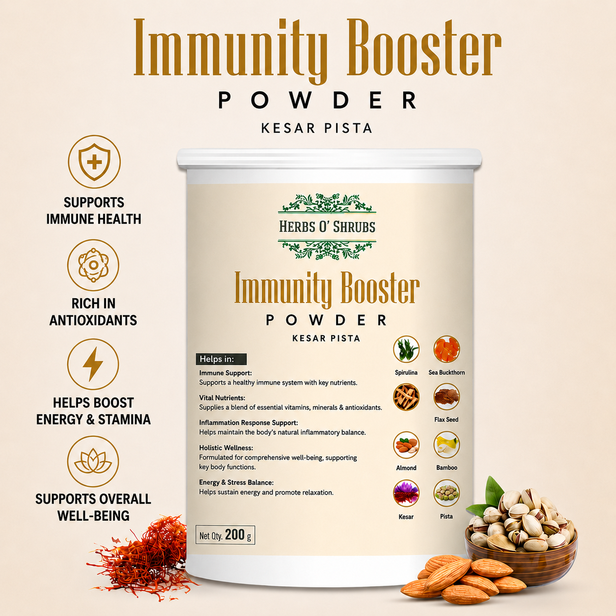 Herbs O’ Shrubs Immunity Booster Powder | Kesar Pista Flavour | Nutrition Powder | Ayurvedic Vitality Blend with Ashwagandha, Sea Buckthorn & Blue Green Algae | Vegan & Daily Immune Support,  200g