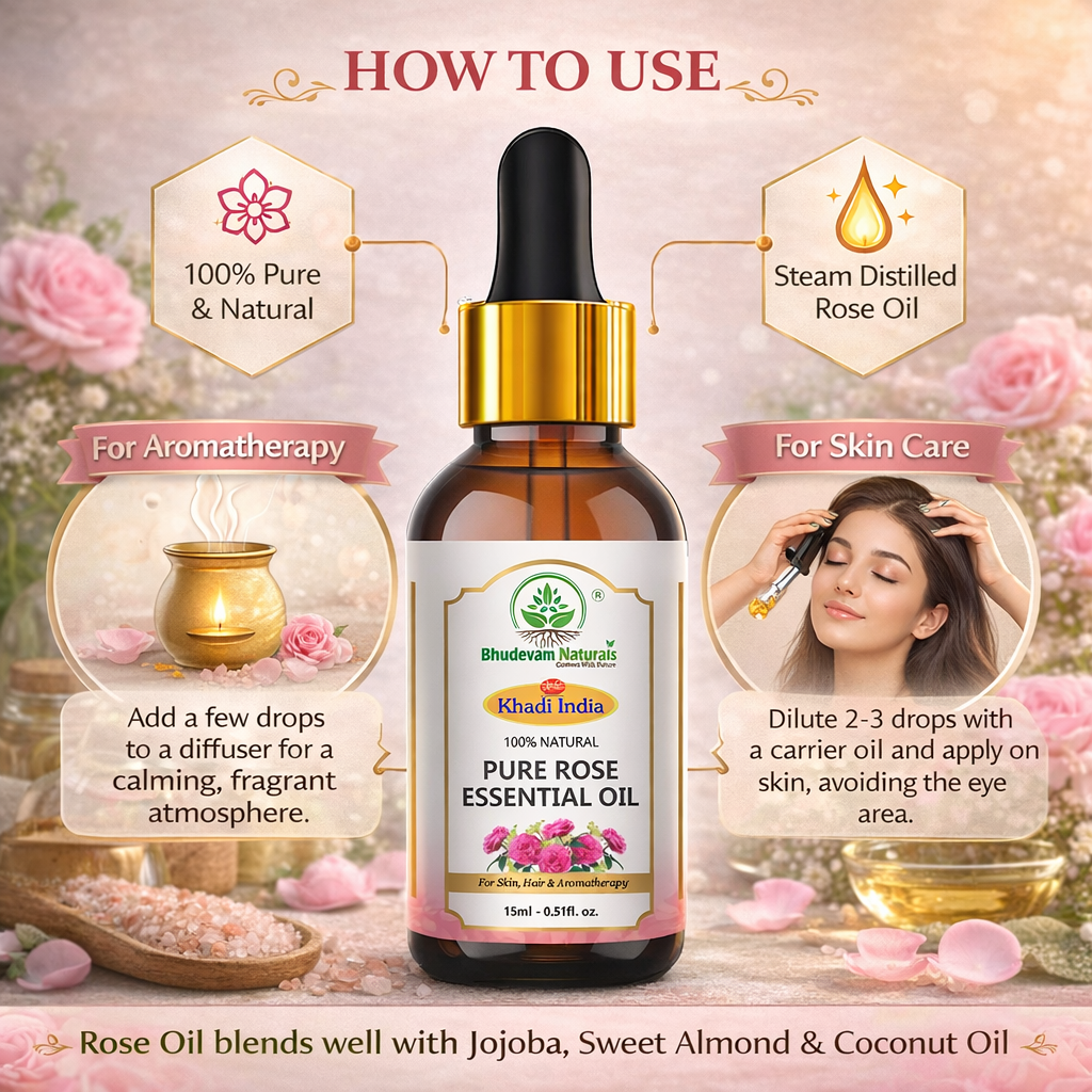 Bhudevam Naturals Khadi Rose Essential Oil for Skin & Hair Care – 100% Pure Natural Steam Distilled Rose Oil for Face, Acne, Aromatherapy, Diffuser - 15ml