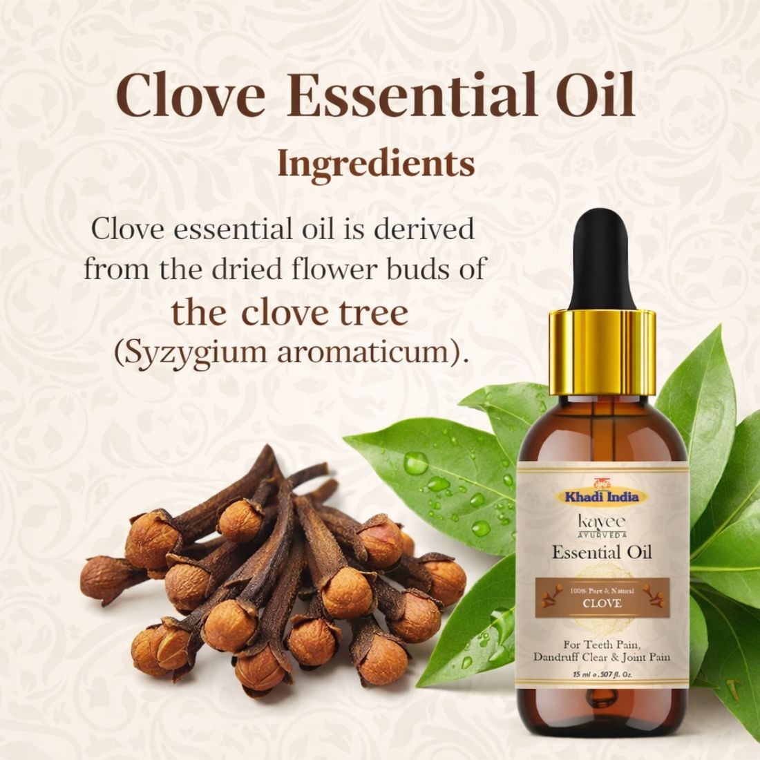 Kayee Ayurveda Clove Essential Oil for Aromatherapy, Diffuser, Massage & Home Fragrance | Warm Spicy Clove Aroma Oil for Meditation, Yoga, Relaxation & Spa | Multi-Purpose Essential Oil for Personal Care & Wellness | 15 ml