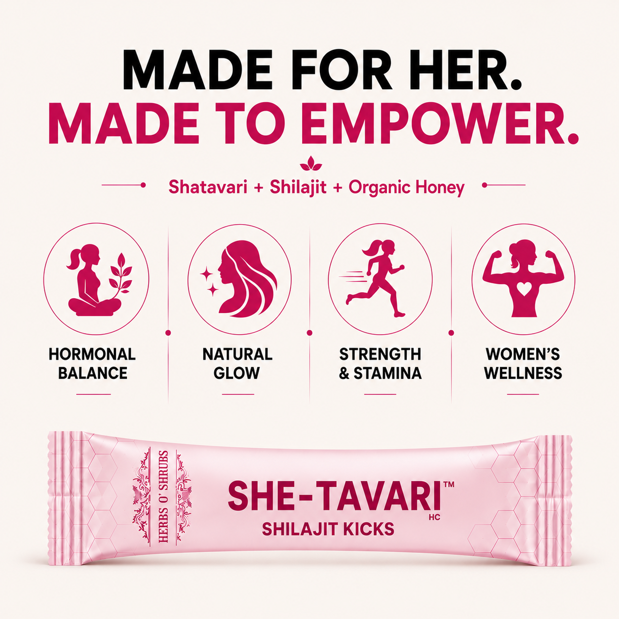 Herbs O' Shrubs She-Tavari Shilajit Kicks | Ayurvedic Women Wellness Supplement with Shatavari, Shilajit, Saffron, Honey & Strawberry | Supports Hormonal Balance, Energy, Mood & Vitality, 30 Sticks