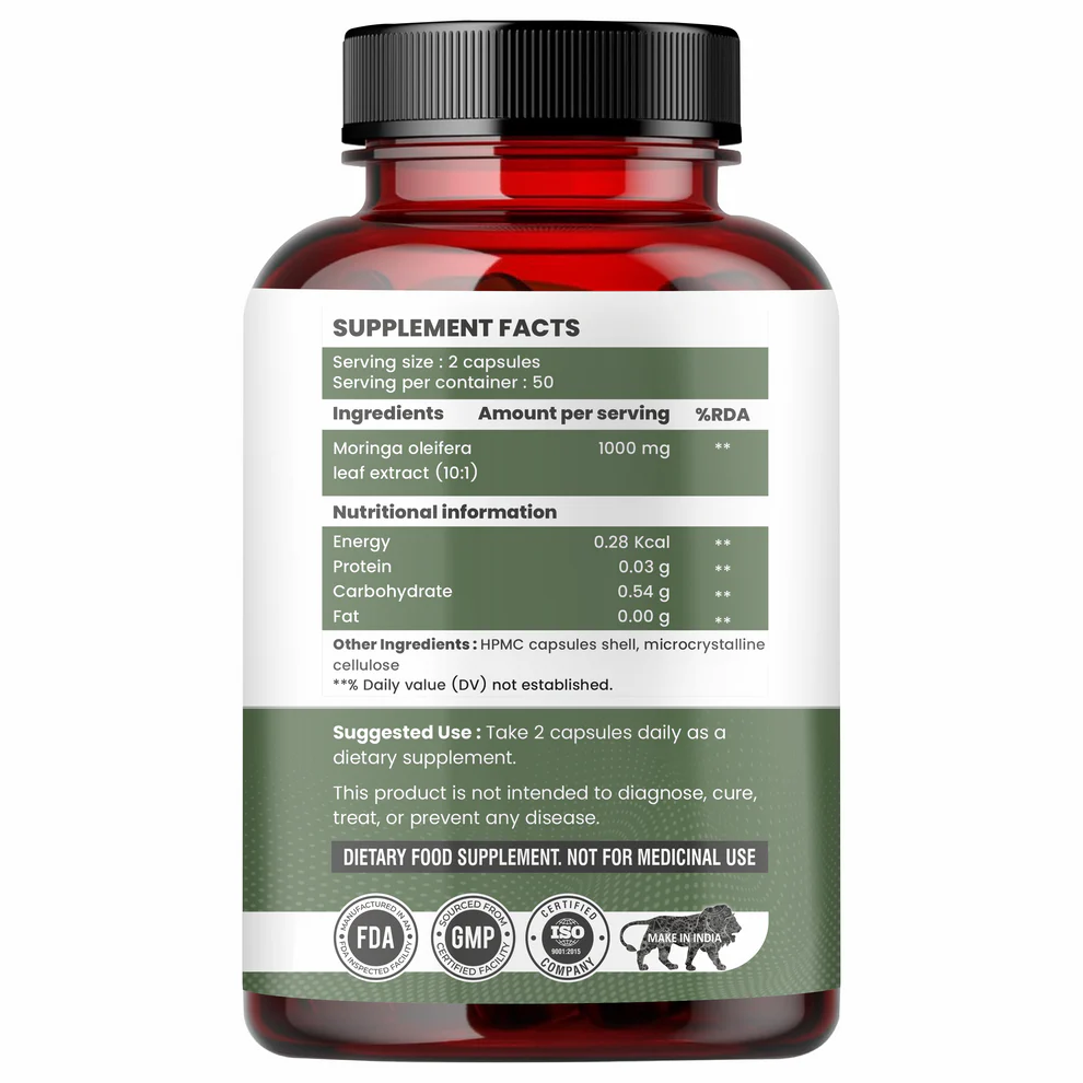 Raskam Moringa 100 Capsules- Helps Lower Blood Sugar & Cholesterol Levels, Boost Metabolism and Digestion