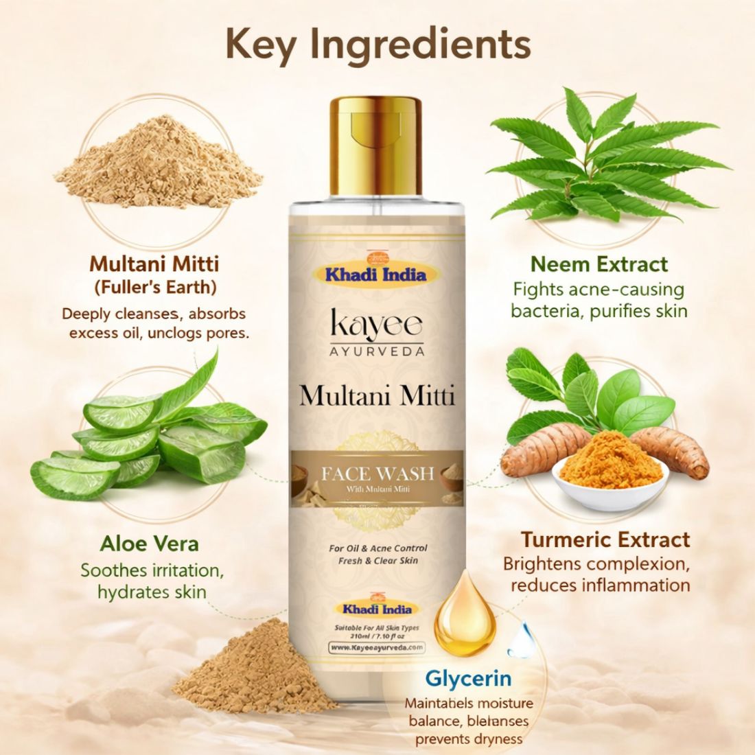 Kayee Ayurveda Multani Mitti Facial Cleanser for Men & Women | Herbal Clay Face Wash for Oily & Combination Skin | Helps Remove Dirt, Pollution, Excess Oil & Surface Impurities for Clean, Soft, Smooth & Fresh-Looking Skin | 210 ml