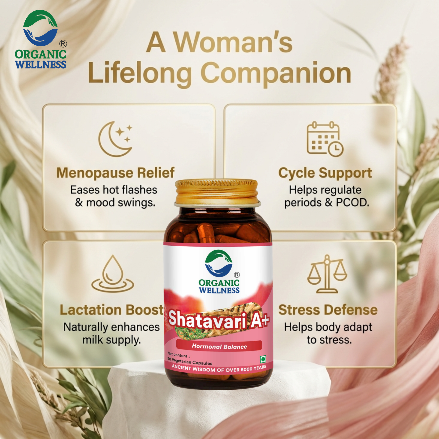 Organic Wellness Shatavari A+ Capsules -  90 Capsules