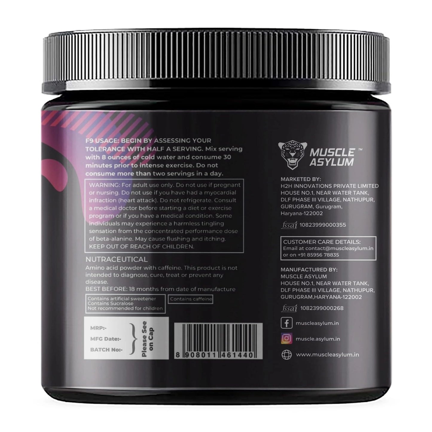 Muscle Asylum F9 Extreme Pre-Workout Energy Supplement Powder | High Caffeine + Beta Alanine - Fruit Punch