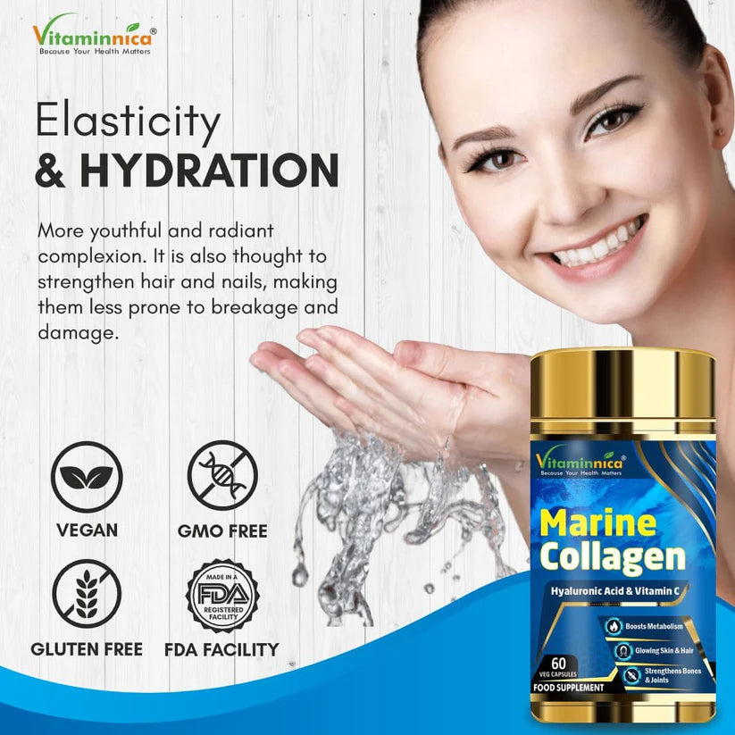Vitaminnica Marine Collagen Capsules - Hydrolyzed Peptides for Skin, Hair & Joints, 60 Count
