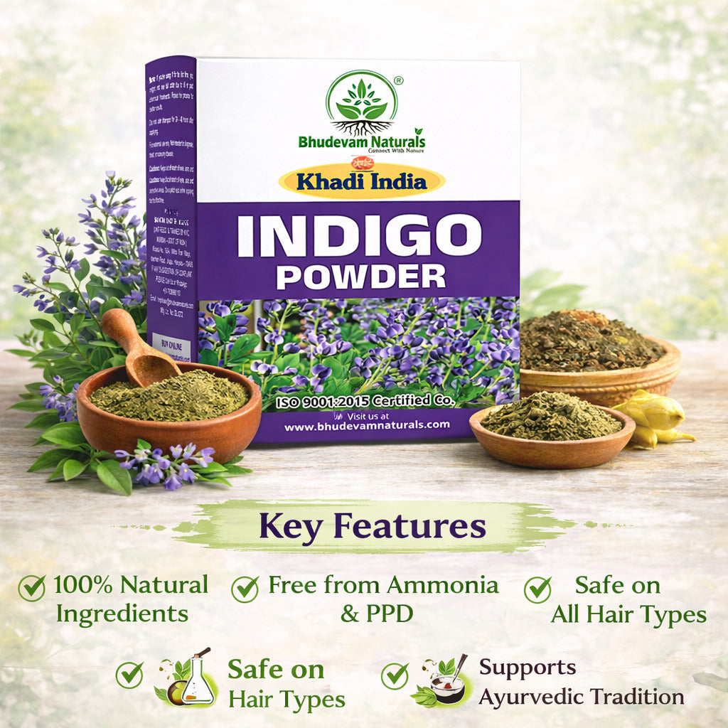 Bhudevam Naturals Khadi Pure Indigo Powder for Hair Coloring – Natural Black Hair Dye, No Chemicals, Used with Henna for Long Lasting Color- 200GM (Pack of 2)