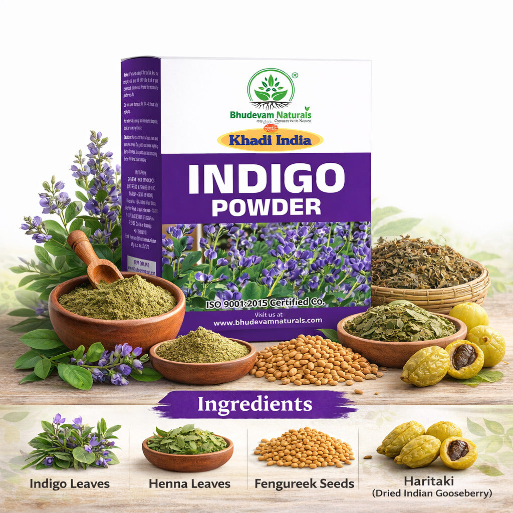 Bhudevam Naturals Khadi Pure Indigo Powder for Hair Coloring – Natural Black Hair Dye, No Chemicals, Used with Henna for Long Lasting Color- 200GM (Pack of 2)