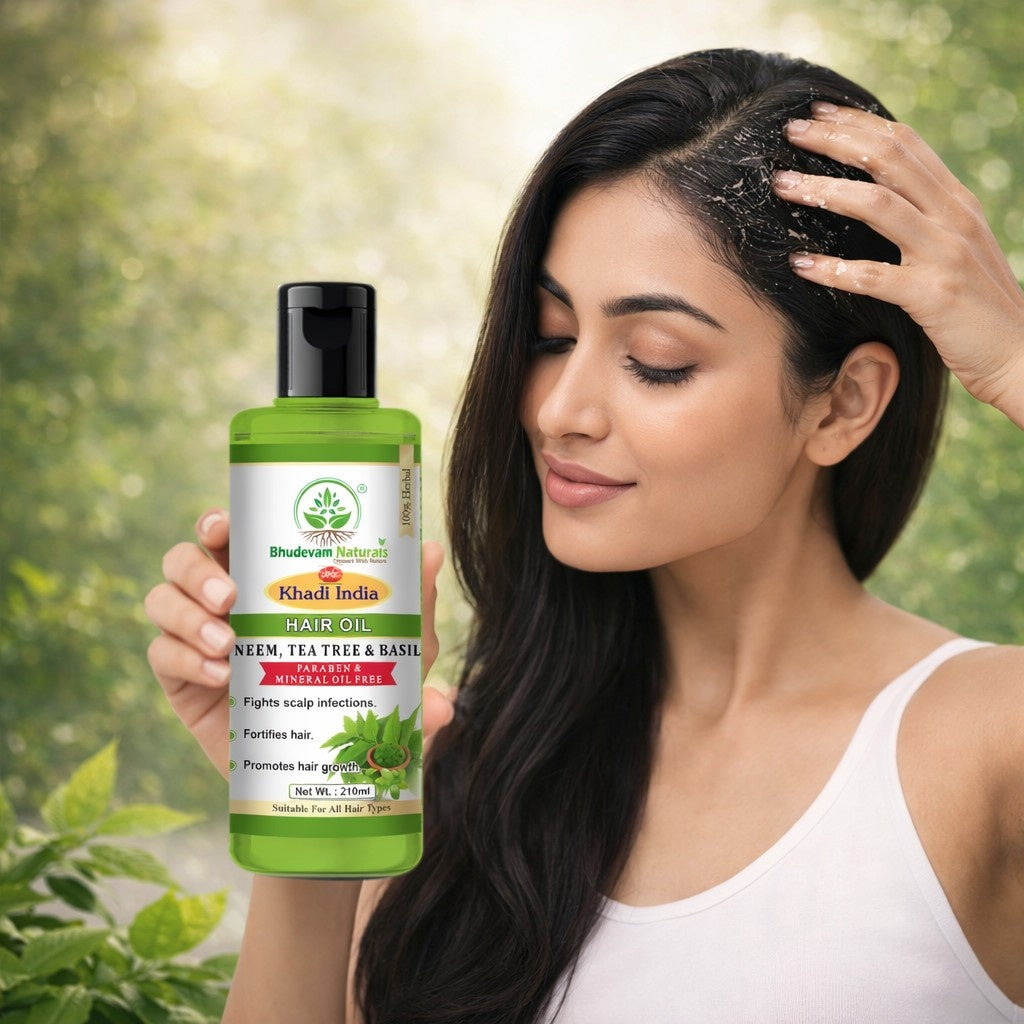 Bhudevam Naturals Khadi Neem Tea Tree & Basil Hair Oil for Dandruff Control & Hair Fall- 210ML