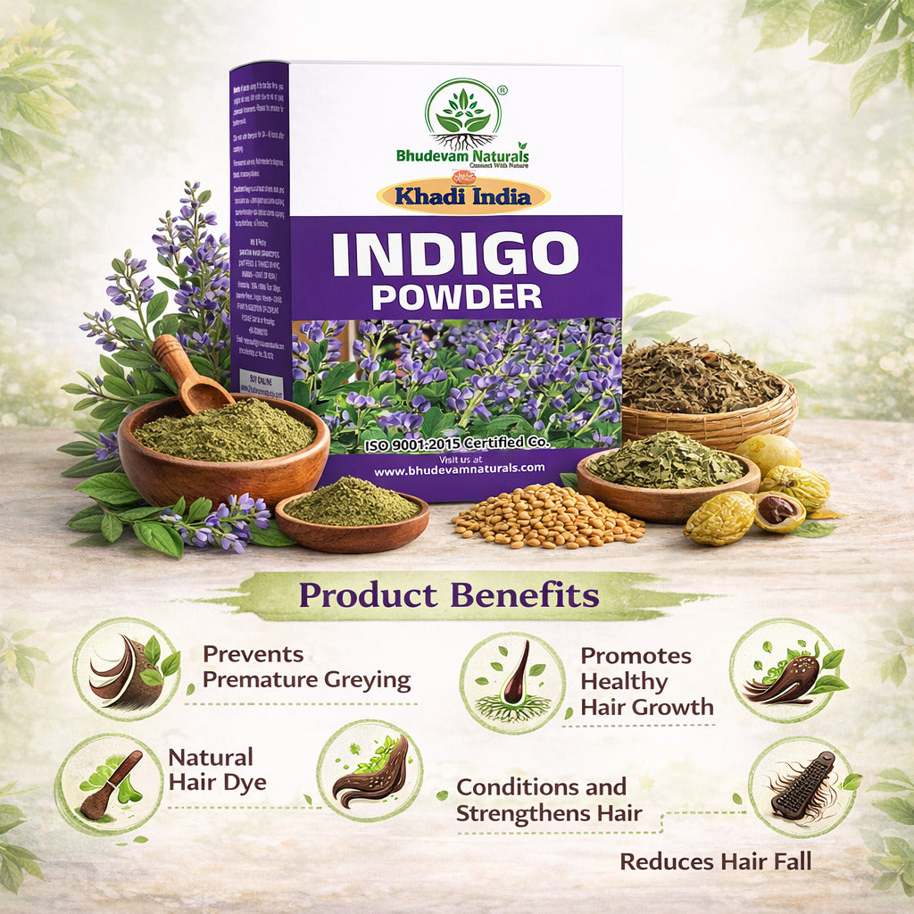 Bhudevam Naturals Khadi Pure Indigo Powder for Hair Coloring – Natural Black Hair Dye, No Chemicals, Used with Henna for Long Lasting Color- 200GM (Pack of 2)