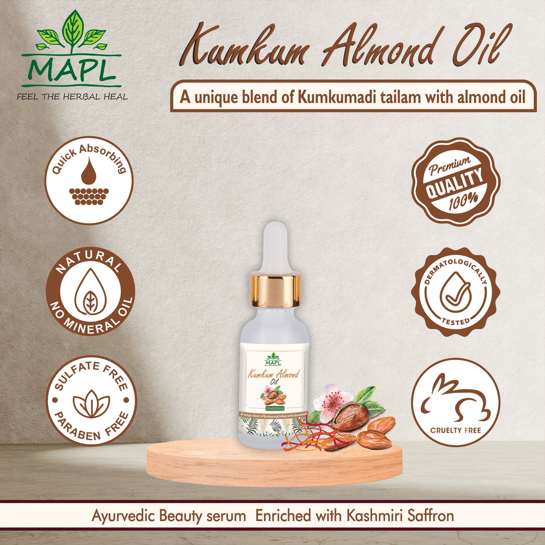 MAPL Kumkum Almond Oil | Ayurvedic Face Oil with Saffron & Almond | Enhances Glow, Skin Tone & Radiance | 15 ml