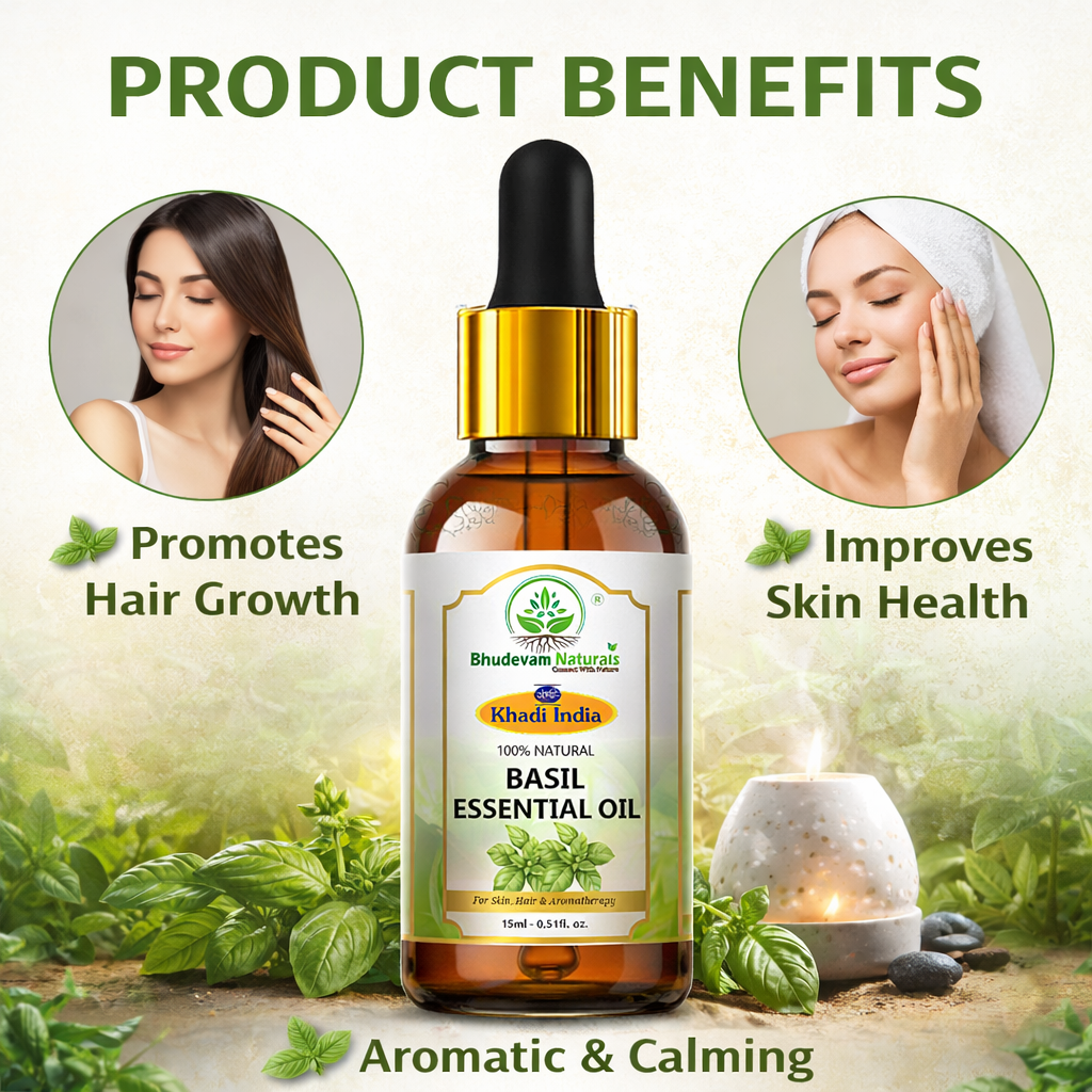 Bhudevam Naturals Khadi Basil Essential Oil for Hair Care, Aromatherapy, Stress Relief, Diffuser, Massage & Skin Care - 15ml