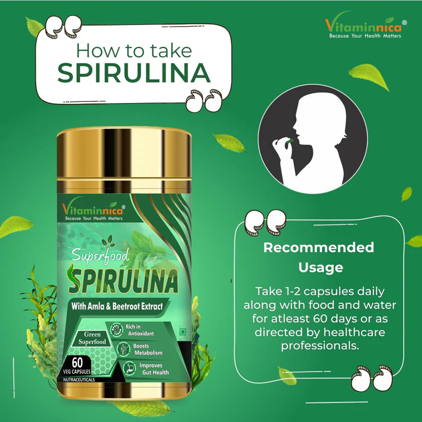 Vitaminnica Spirulina Capsules - Super Green Food for Immune Support & Detox, 60 Count