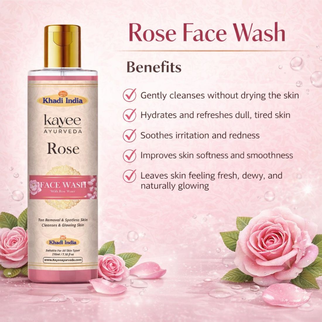 Kayee Ayurveda Rose Face Wash for Men & Women | Herbal Rose-Enriched Facial Cleanser for Daily Skin Care | Helps Remove Dirt, Excess Oil, Sweat & Impurities While Leaving Skin Fresh, Soft, Smooth & Healthy-Looking | 210 ml