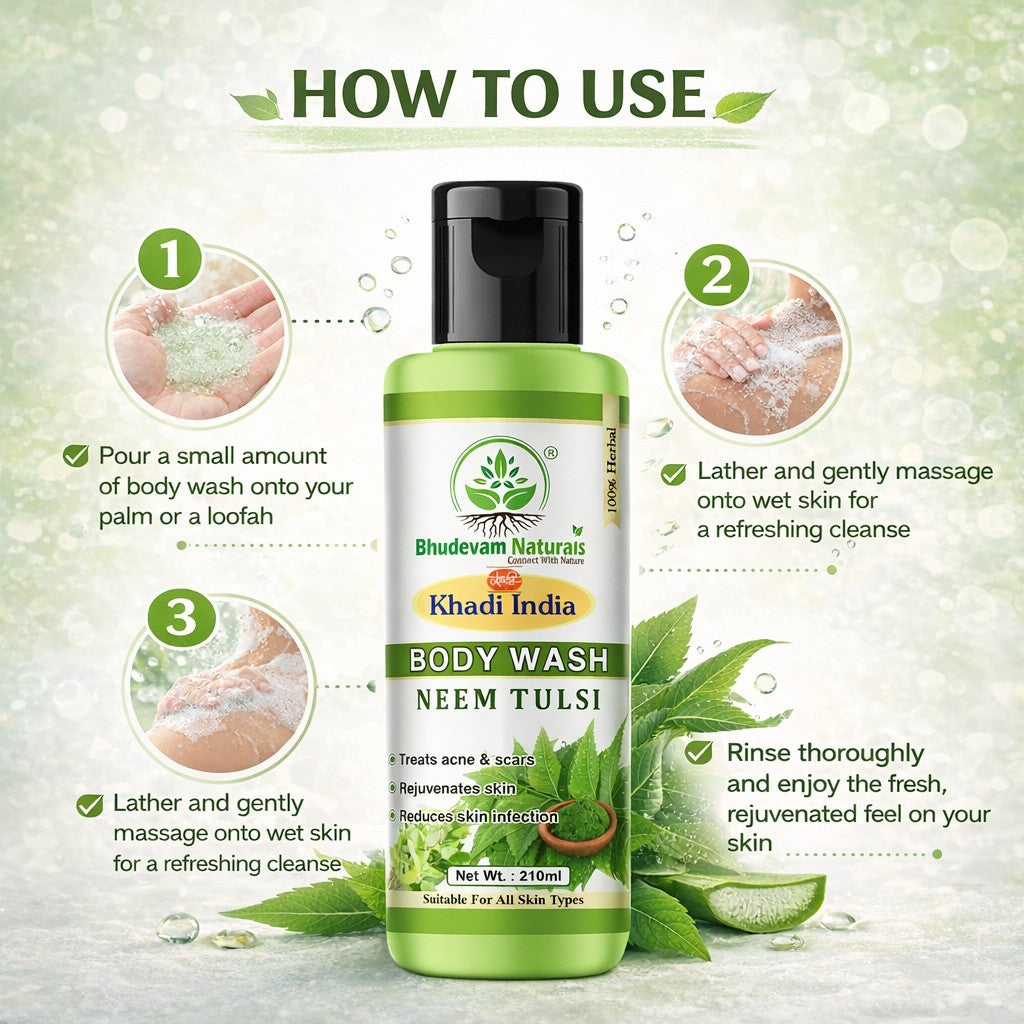 Bhudevam Naturals Khadi Neem & Tulsi Body Wash – Herbal Skin Purifying Cleanser for Daily Use- 210ML