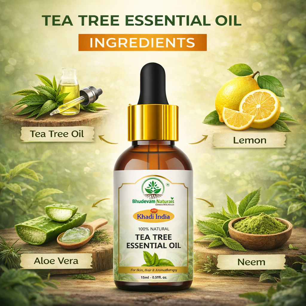 Bhudevam Naturals Khadi Tea Tree Essential Oil for Acne, Pimples, Skin Care, Hair Care, Dandruff Control, Aromatherapy & Diffuser- 15ml